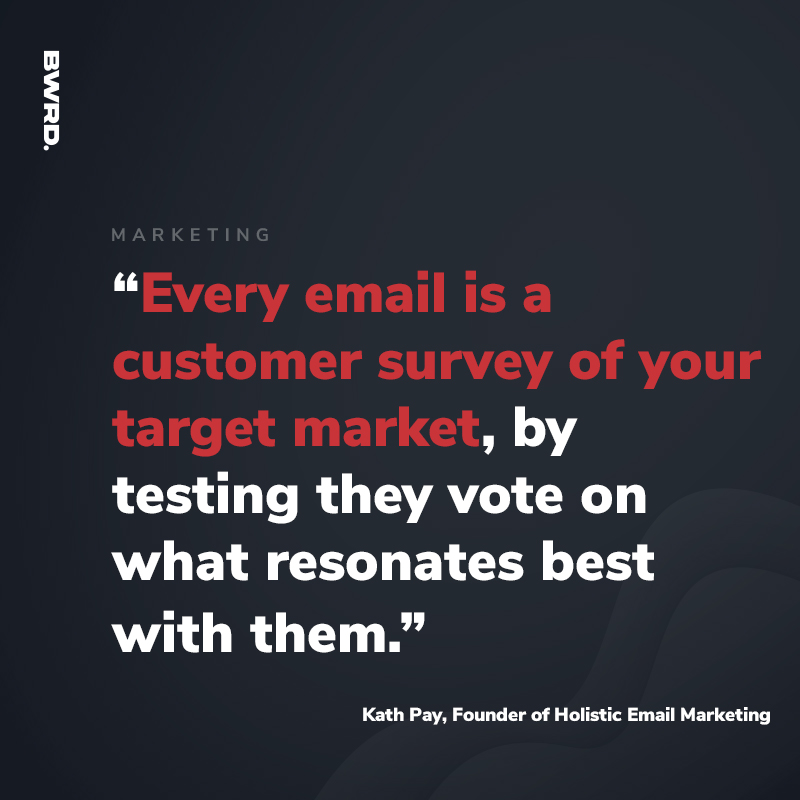 “Every email is a customer survey of your target market, by testing they vote on what resonates best with them.” –Kath Pay, Founder of Holistic Email Marketing